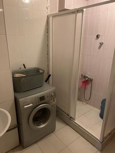 y baño con ducha y lavadora. en Coolest Appartement 2+1 Furnished, en Estambul