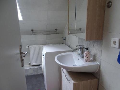La petite salle de bains est pourvue d'un lavabo, de toilettes et d'un miroir. dans l'établissement Ferienwohnung Schmidt, Wohnung 2, à Naila