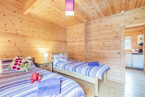 a bedroom with two beds in a log cabin at Robin Lodge in Llanbedr