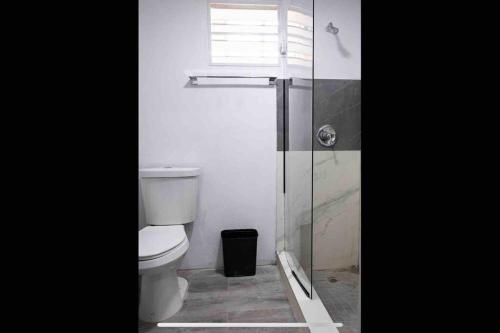 uma casa de banho com um WC e uma cabina de duche em vidro. em 18 Bedrooms 32 guest max San Juan Puerto Rico em San Juan