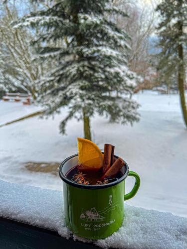 a green coffee cup sitting on a ledge in the snow at Resort LUFT Sněžník in Sněžnik