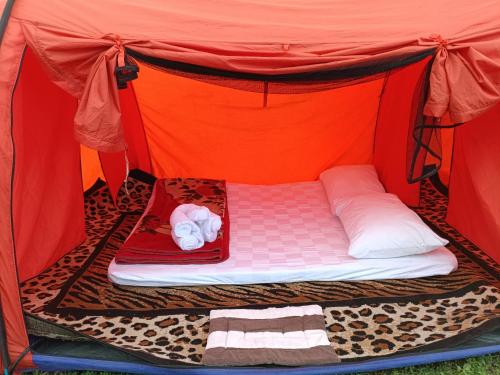 uma cama numa tenda com um bicho de peluche em Kintamani Adventure Hidden Lodge em Kintamani