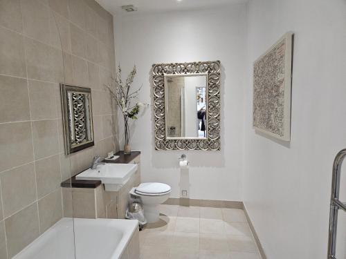 a bathroom with a toilet and a sink and a mirror at The swan at compton in Compton