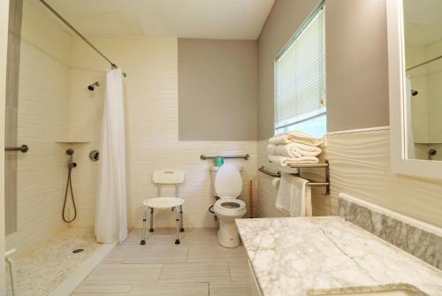 a bathroom with a shower and a toilet and a sink at Hamilton Village Inn in North Kingstown