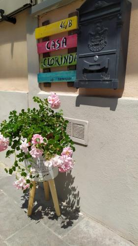 a planter with pink flowers sitting next to a wall at Casa Clorinda in Arezzo