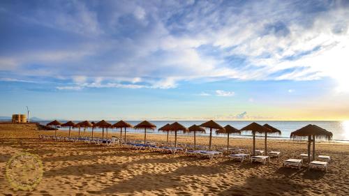 a row of umbrellas and chairs on a beach at Lighthouse Parquemar in La Mata