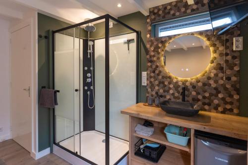 a bathroom with a shower with a sink and a mirror at Bed & Bike Schoudieck in Den Burg