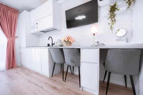 a kitchen with a counter with two chairs and a sink at Studio Vladut in Saturn