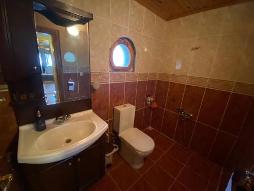 bagno con lavandino, servizi igienici e specchio di Çiftlik ad Arsin