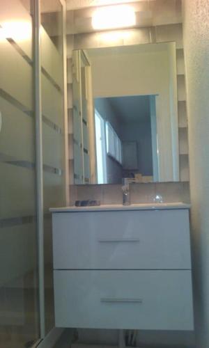 une salle de bain avec un lavabo et un miroir dans l'établissement APPARTEMENT P2 + CABINE LE GRAU DU ROI, au Grau-du-Roi