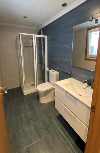 a bathroom with a toilet and a shower and a sink at A Segunda Ronda in Melide