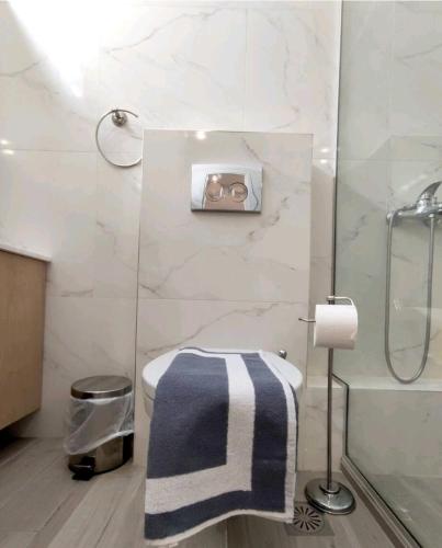 a bathroom with a toilet and a shower and a towel at Antelope Studio 2 in Thessaloniki