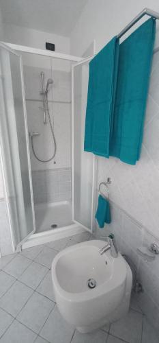 a bathroom with a toilet and a shower with blue towels at La casa delle fate in Lusevera