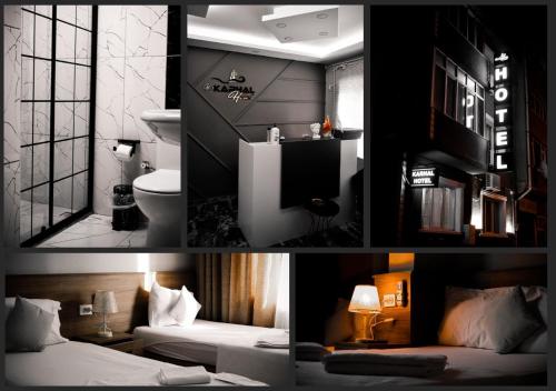 a collage of three pictures of a bedroom at Karhal Hotel in Edirne