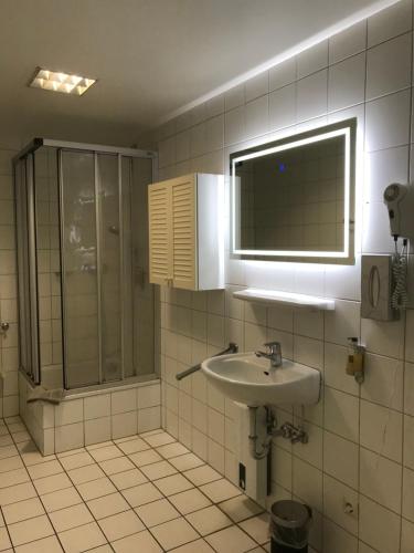 ein Bad mit einem Waschbecken und einer Dusche in der Unterkunft City Apartment am Dom in Köln
