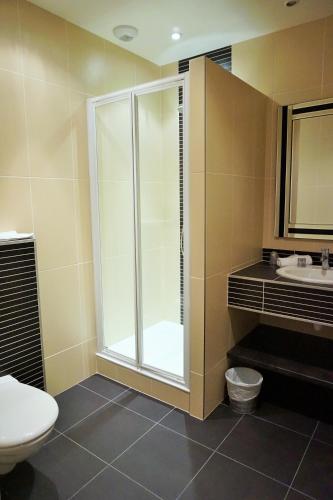 a bathroom with a shower and a toilet and a sink at Hotel de la Couronne in Aix-les-Bains