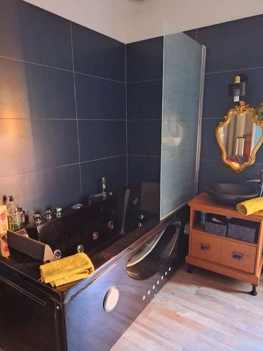 a bathroom with a tub and a sink and a mirror at Maison piscine à 15m du Stadium in Toulouse
