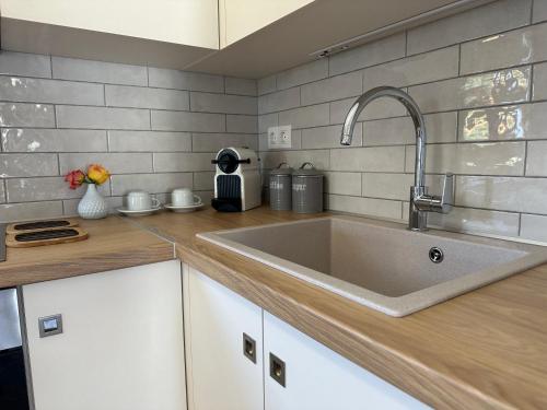 a kitchen with a sink and a counter top at Kavos Apartments in Patitiri