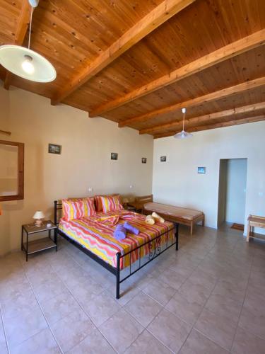 a large living room with a bed and a wooden ceiling at Gavdos Panorama in Gavdos