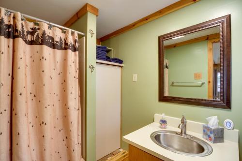 baño con lavabo y cortina de ducha en Lakefront Cabin with Deck, Games, and Views!, 