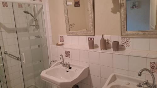 y baño blanco con lavabo y ducha. en Gîtes du Rouyre La Grange, en Réalmont