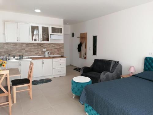 cocina y dormitorio con cama y mesa en Kristi Lux Jezero - NEW Studio apartment with Balcony and FREE Parking en Veliko Gradište