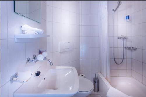 Hotel Wildbach Brienz في برينز: حمام مع حوض ومرحاض ودش