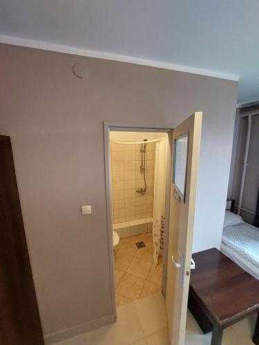 a room with a bathroom with a shower and a toilet at Strzelec Noclegi in Wrocław