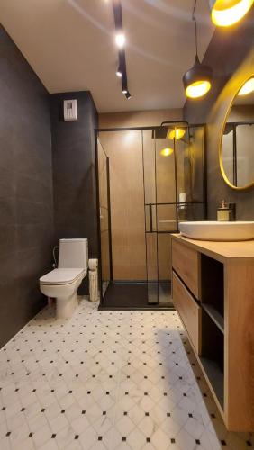 a bathroom with a toilet and a sink at Pachnące Sny Apartament in Elblag