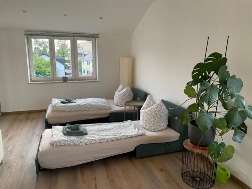 um quarto com duas camas e um vaso de plantas em Ferienwohnung Hofer em Altötting