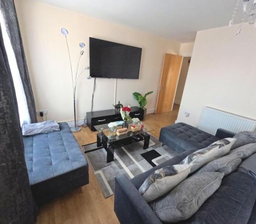 a living room with two couches and a tv at Milton Keynes Unique U Luxury Home in Milton Keynes