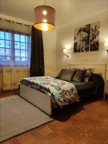 une chambre avec un lit et une grande fenêtre dans l'établissement Grande maison avec grande piscine, à Pont-Saint-Esprit