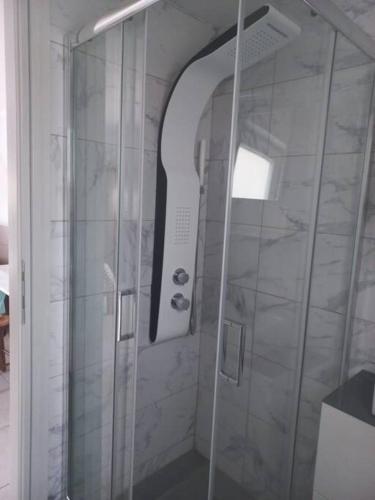 a shower with a glass door in a bathroom at studio-02 in Metókhi