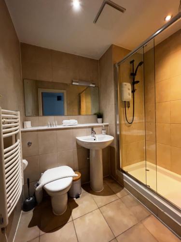 a bathroom with a toilet and a sink and a shower at Chinatown Suite in Birmingham