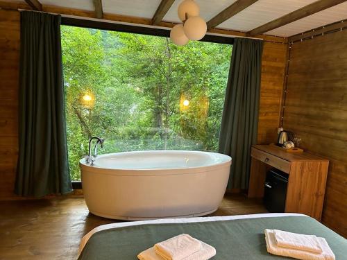 a bath tub in a room with a large window at Garemo in Ambrolauri
