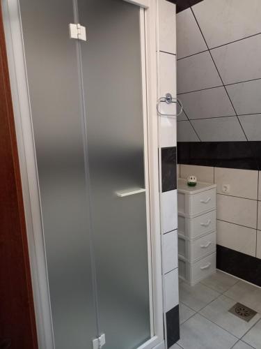 een douche met een glazen deur in de badkamer bij ODAI in Bovec