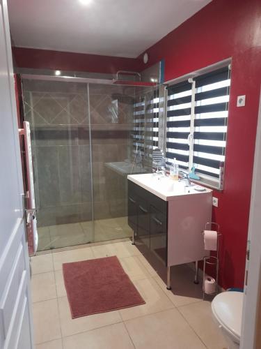 een badkamer met een glazen douche en een wastafel bij Maison au calme centre ville in Calais