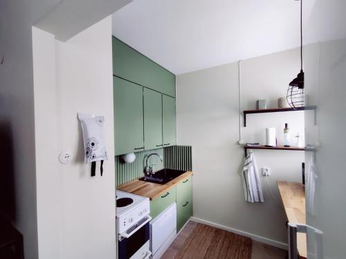 a small kitchen with green cabinets and a sink at Viihtyisä yksiö keskustan sykkeessä in Kouvola