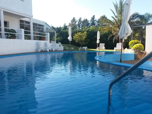 a large blue swimming pool with chairs and umbrellas at Hotel La Posta del Dayman in Termas del Daymán