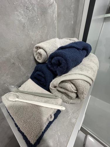 Ein paar Handtücher auf einem Regal im Badezimmer. in der Unterkunft Gite Paon in Kintzheim