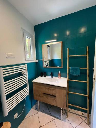 une salle de bain avec un lavabo et un miroir dans l'établissement Chalet Charmant rénové au bord du Lac St Point, à Montperreux