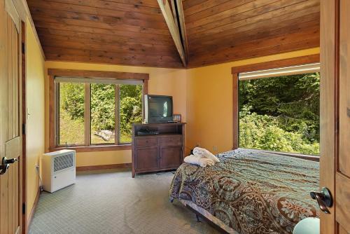 1 dormitorio con 1 cama, TV y ventanas en Mountain Delight, en Seven Devils