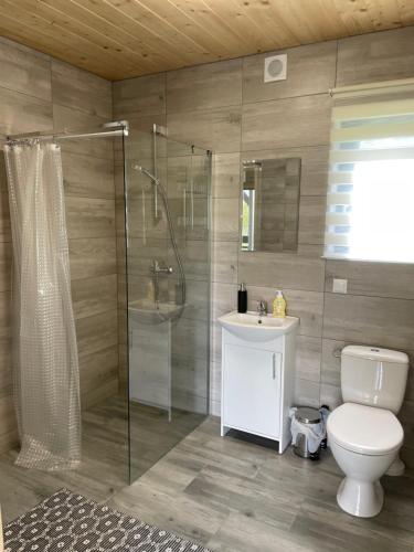 Brzozowy Zakątek Zator في زاتور: حمام مع دش ومرحاض ومغسلة