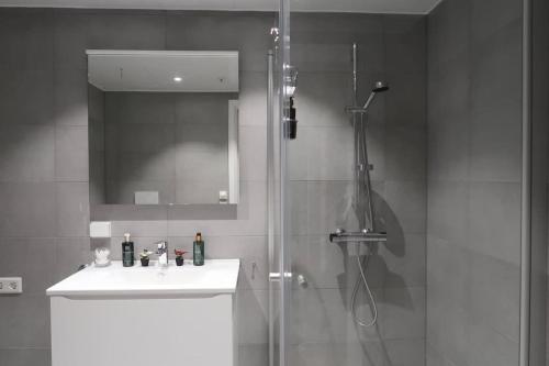 a bathroom with a shower and a sink and a mirror at New Magnificent view apartment Near the centre in Tromsø