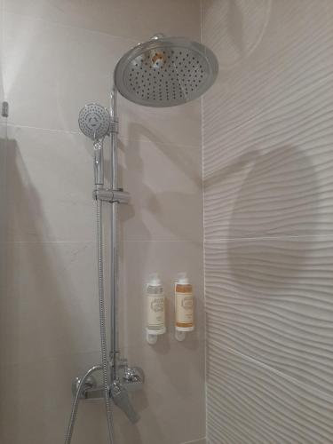 a shower with a shower head in a bathroom at Cabana Sete Ondas in Nazaré