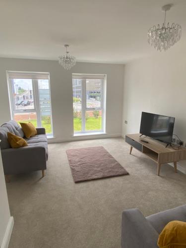 a living room with a couch and a tv at Modern 3 Bed Town House Marina Hull in Hull