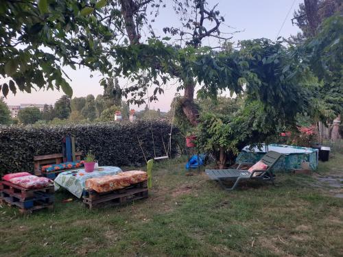 um quintal com uma mesa e cadeiras e uma árvore em Family home proche circuit em Le Mans