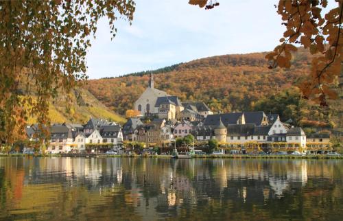 un gran edificio a orillas de un lago en Hotel Haus Burg Metternich, en Beilstein