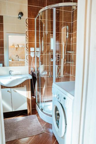 a washing machine in a bathroom with a shower at Tátorján Vendégház in Balatonkenese