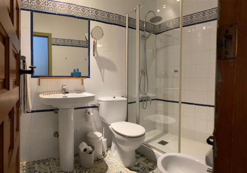 een badkamer met een toilet, een wastafel en een douche bij La Ventera - summer hotel in Gualchos